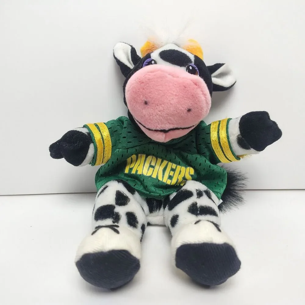 Vintage 1997 Green Bay Packers Cow Plush Stuffed Animal White Hair Jersey Mascot